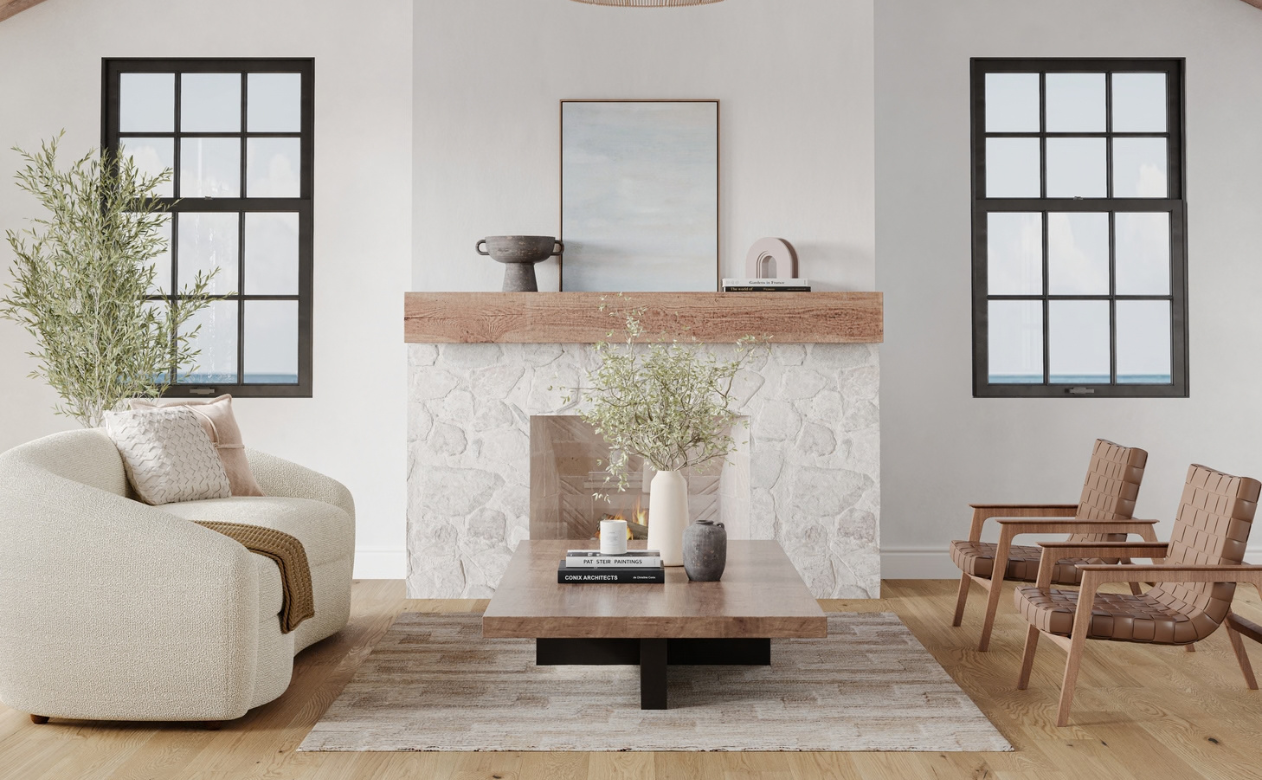 Living room with wood-look flooring and neutral area rug