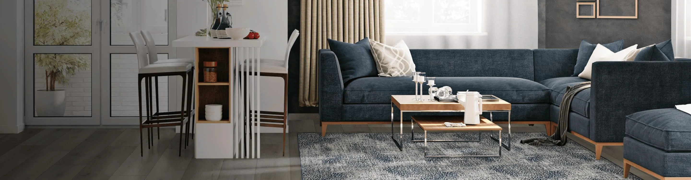 blue and gray area rug with a blue sectional