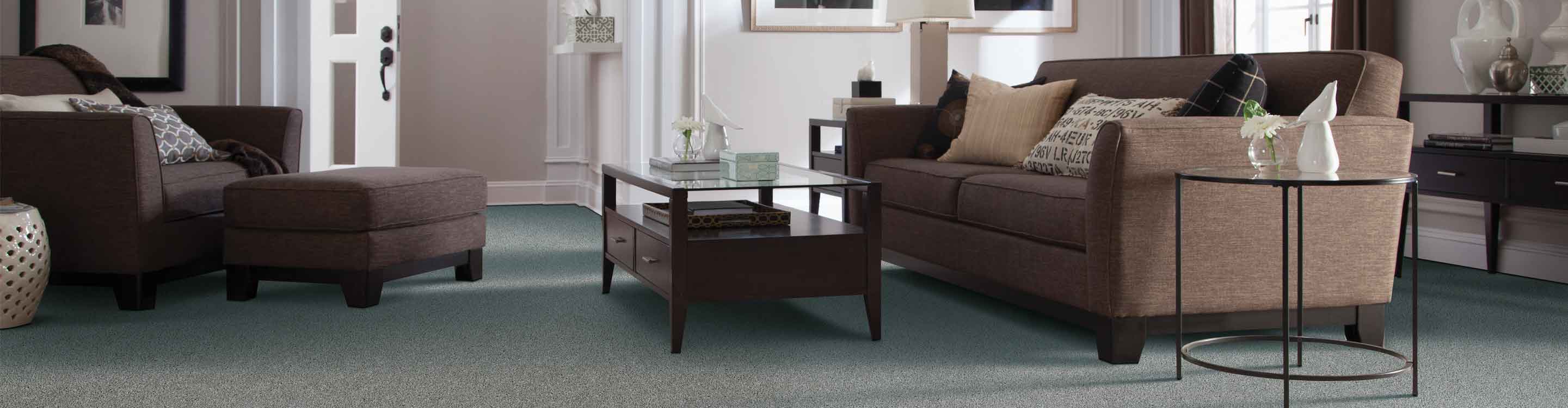 Living room with brown couch a chair, and gray carpet
